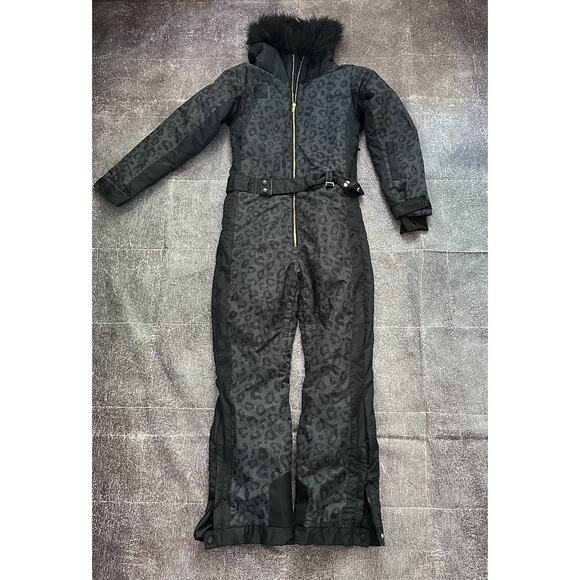 Women's Tipsy Elves Midnight Leopard Black Gray Winter One Piece Snow Suit Sz XS - Picture 1 of 4